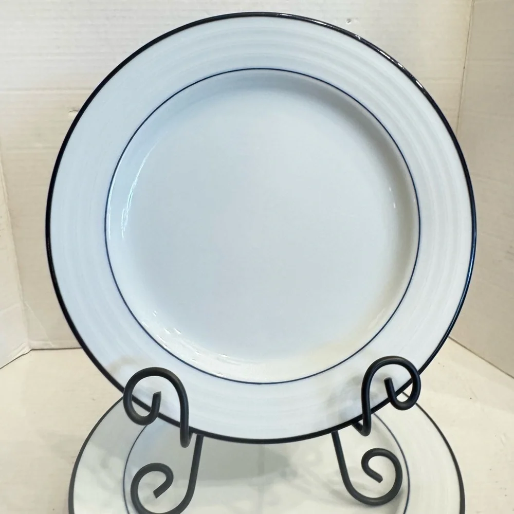 Lot of 2 Crate & Barrel Spal Porcelain Roulette Blue Trim 10 5/8” Dinner Plate